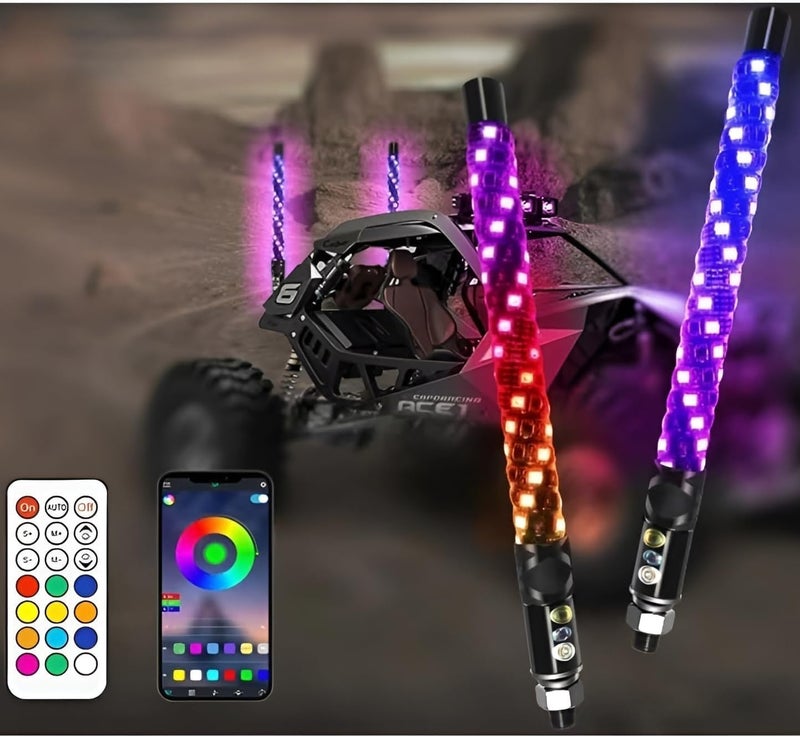 S7 2 Pack 1FT Whip Lights, LED Whip Light with App & Remote Control, Spiral RGB Chasing Lighted Antenna Whips,Whip Light for UTV ATV RZR SXS Can-Am Dune Buggy Offroad Truck (1ft) - Image 1